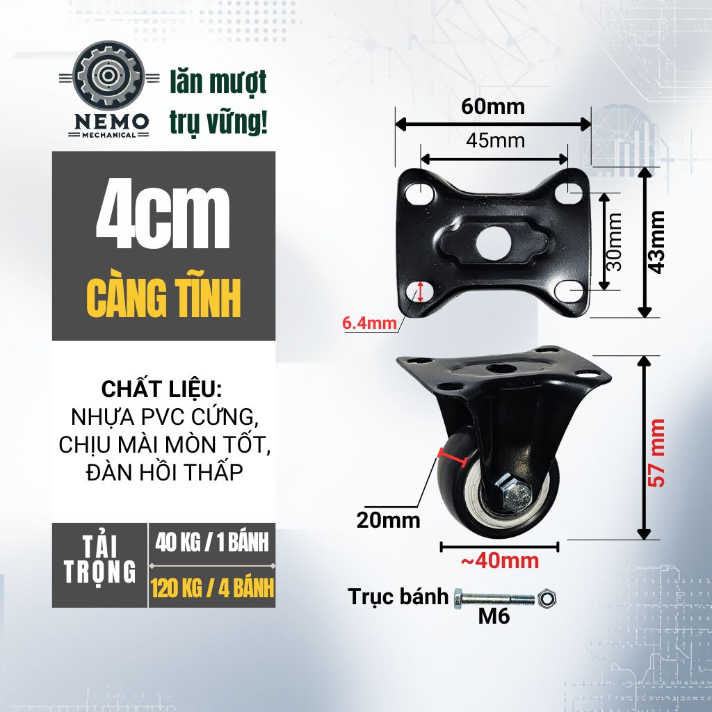 Bánh Xe Đẩy Hàng Đen Trắng – Chịu Tải Tốt, Khung Thép Sơn Tĩnh Điện